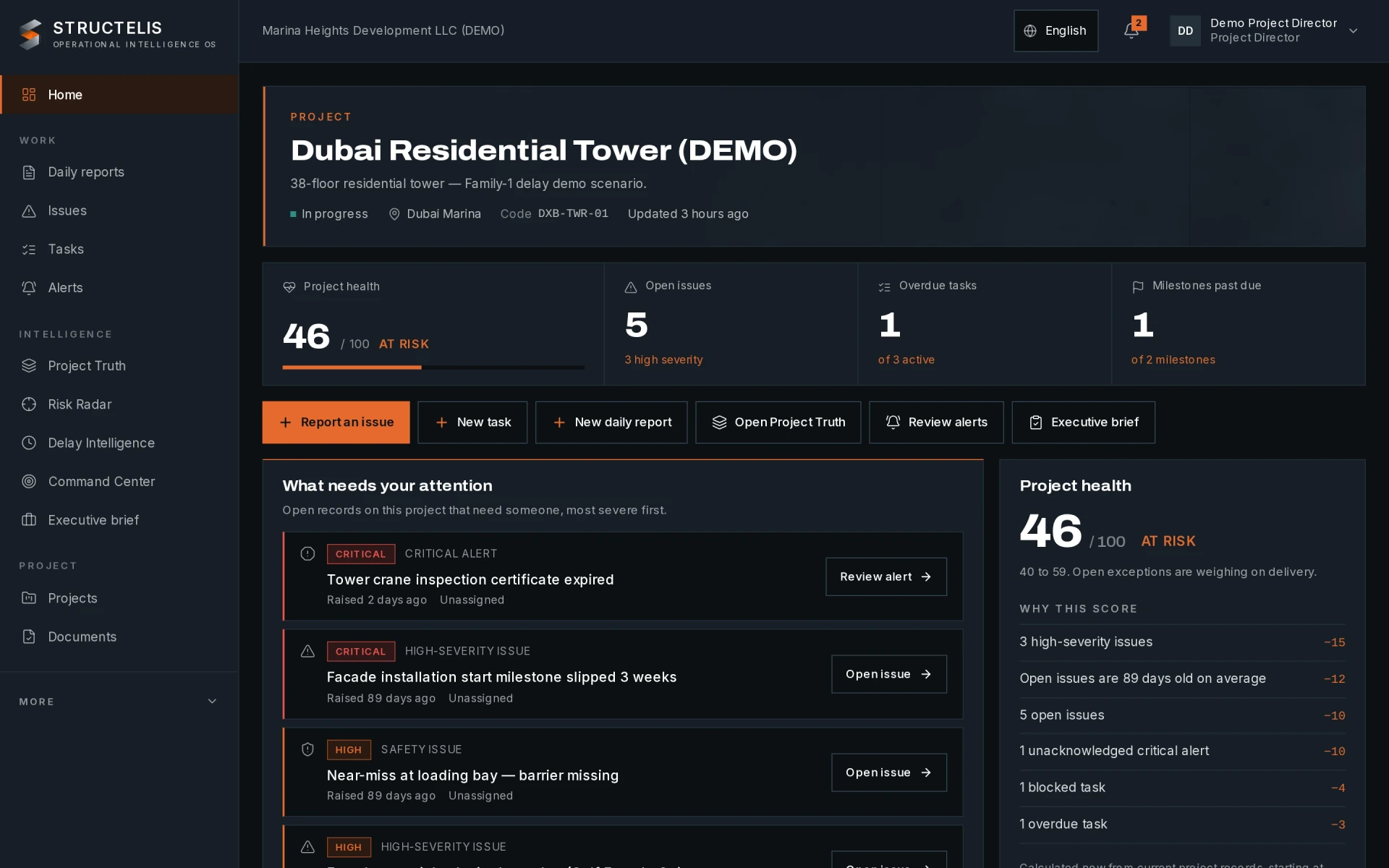 The STRUCTELIS project dashboard for a demonstration project: items needing attention, permitted actions, project health with its drivers, and the risk radar.